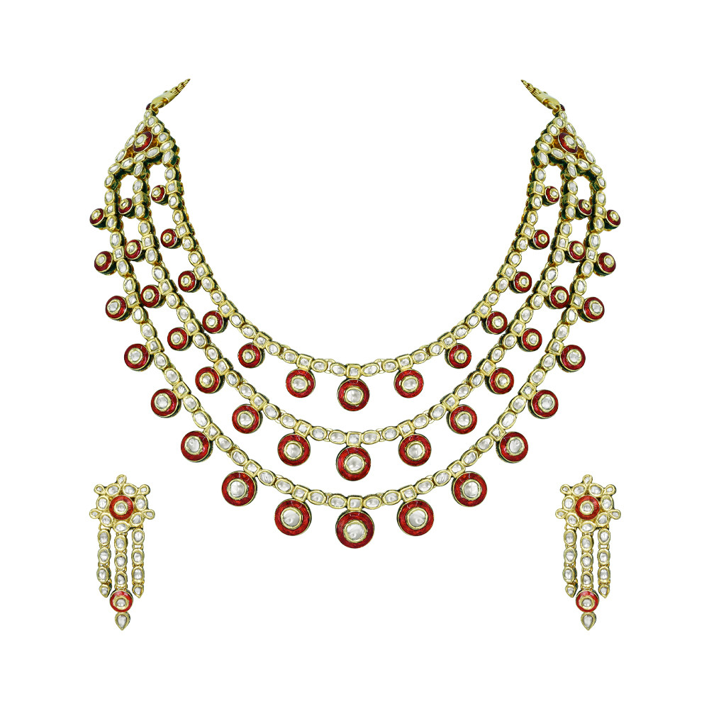 Layered Polki Necklace Set with Red Enamel and Circular Motifs